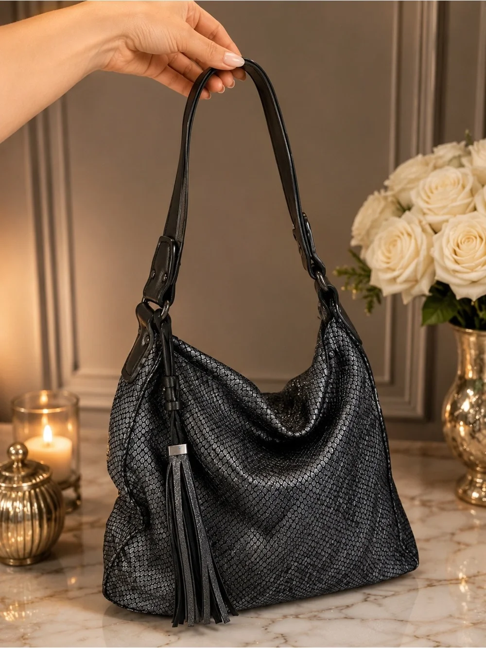 Sondra Roberts Squared Metallic Snake Print Hobo Bag Tassel Pewter